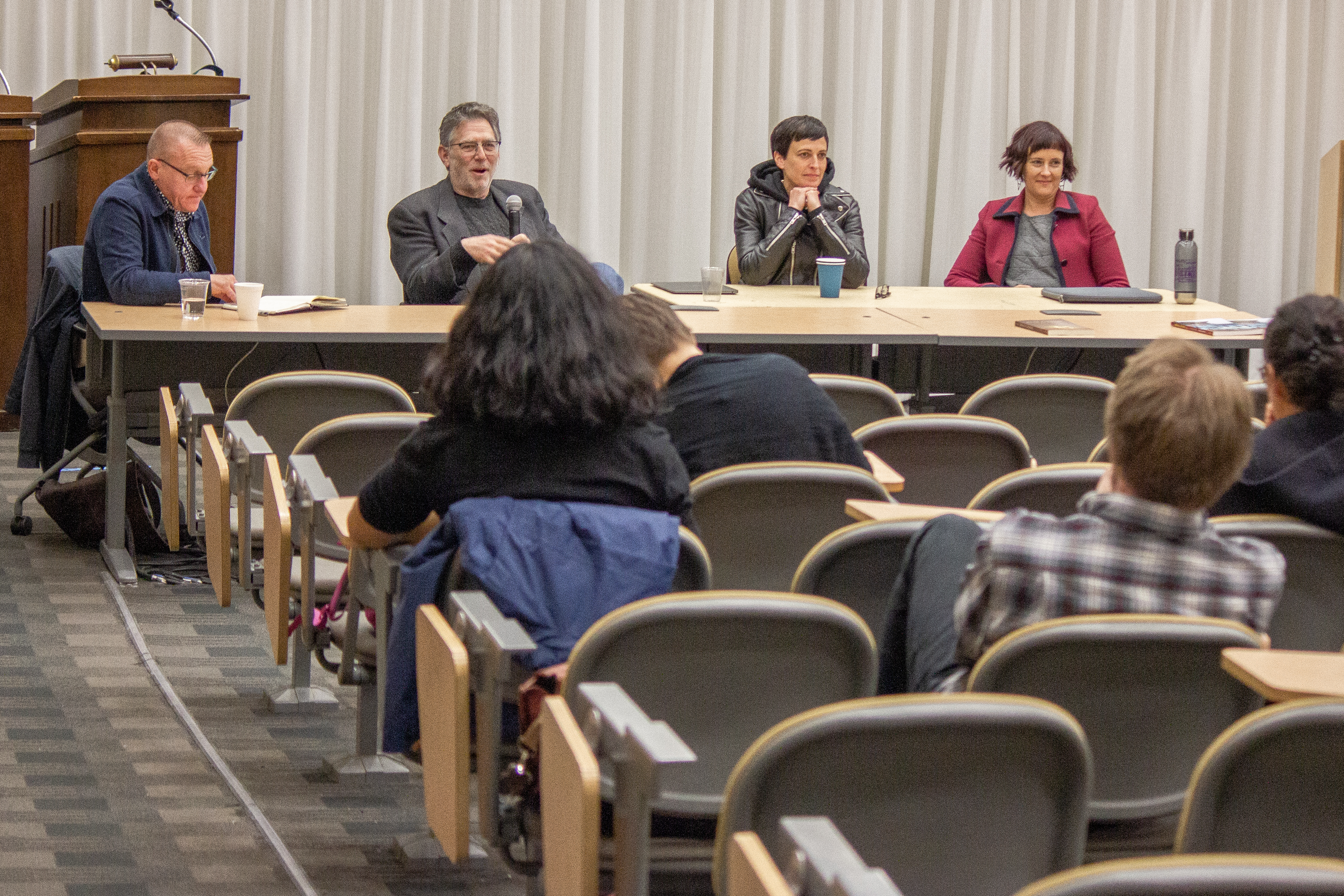 Mark Neocleous, Richard Grusin, Jennifer Doyle, and Annie McClannahan at C21's Insecurity Conference