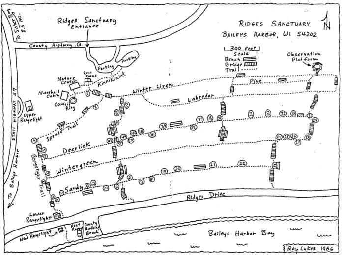 Drawing of a map of trail heads at Ridges Sanctuary in Wisconsin